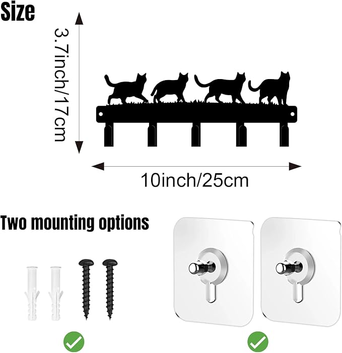 magilab Cat-Themed 10-Inch Iron Key Hooks with 5 Hooks, Black Wall Organizer - Cute Cat Design for Home Decor, No Drill & Screw-in Options (Style B)