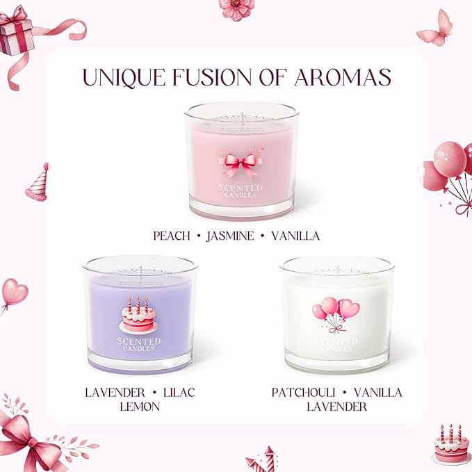 Birthday Candles, Scented Candles Gift Set for Stress Relief, 3 Votive Candles for Women and Men, Birthday Candle Gifts for Women (Pink + Purple + White, 7 oz)