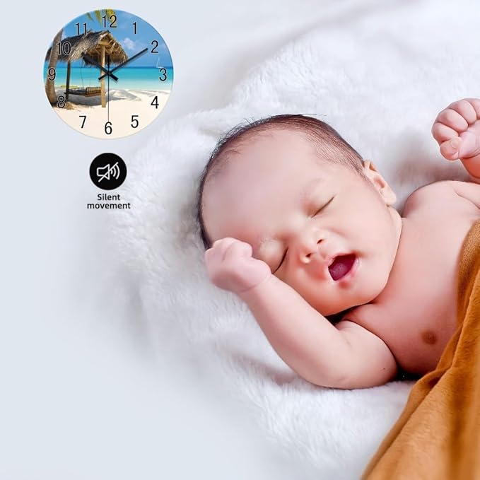 XFM Beach Wall Clock 14 Inch Blue Glass Wall Clocks Battery Operated Silent Non Ticking Hawaii Summer Tropical Coastal Clock for Bedroom Living Room Office