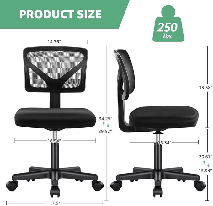 Armless Mesh Office Chair, Ergonomic Low Back Deskchair, Adjustable Rolling Task Computer Swivelchairs for Small Spaces Home Bedroom Study, Black