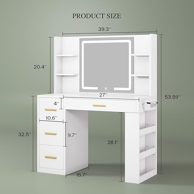 DWVO Makeup Vanity with LED Mirror, 40" Big Vanity Makeup Table with 4 Drawers and 7 Open Storage Shelves, Built-in Power Outlets & Hairdryer Holder, White
