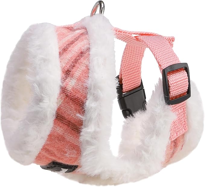 SCENEREAL Dog Harness Collar and Leash Set, Warm Fleece No Pull Puppy Vest Harnesses No Chock Adjustible Step in Small Pet Halter for Outdoor Walking Training, Pink Plaid S