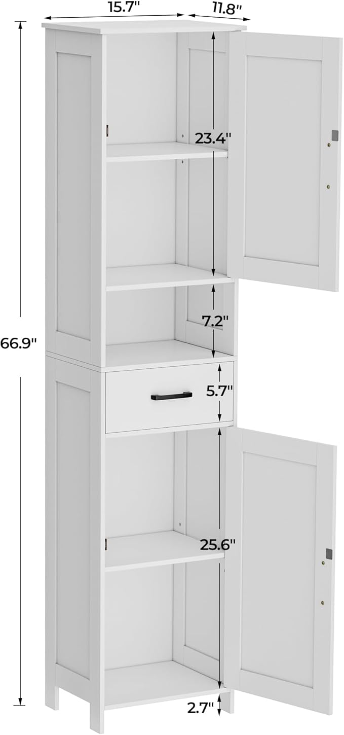 Homhedy 67" H Tall Bathroom Storage Cabinet with 2 Barn Doors and 1 Drawer, Narrow Storage Unit, Adjustable Shelves, Floor Cabinet for Bathroom, Living Room, Entryway, Kitchen, White, (15.7" W)