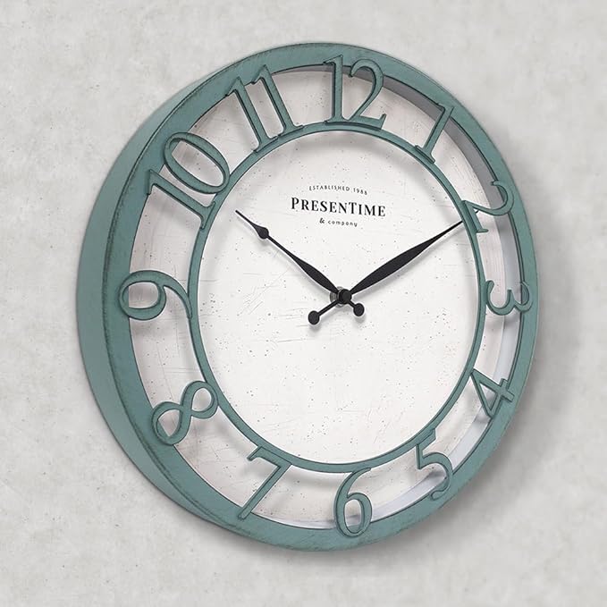 Presentime & Co 13" Farmhouse Series Wall Clock, Shiplap Style, Silent No Ticking, Coastal Clock, Raised 3D Arabic Numeral, Aged Teal Finish