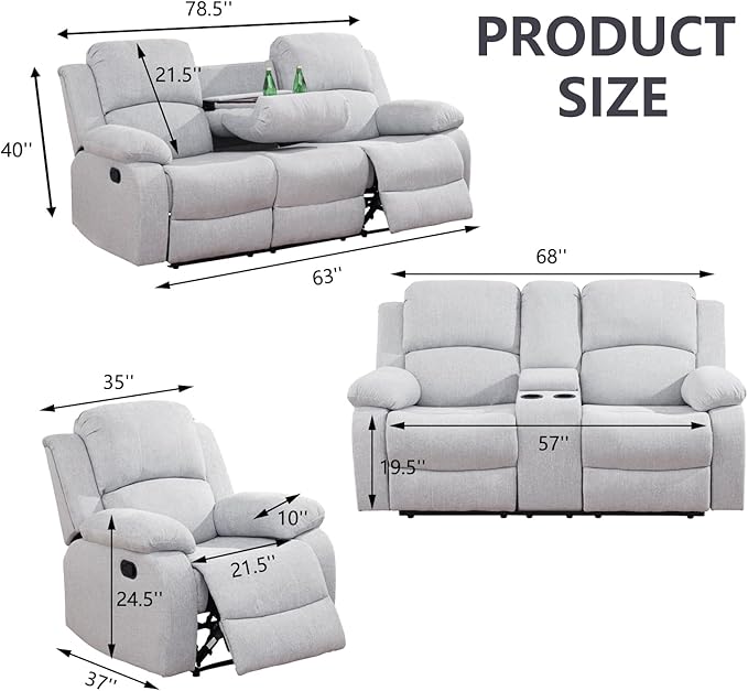 Manual Recliner Sofa Set,Microfiber Reclining Couch Set,Modern Living Room Furniture Set,Reclining Sofa Couch Chair for Living Room Home Office(Grey/White,3 Pieces Set)