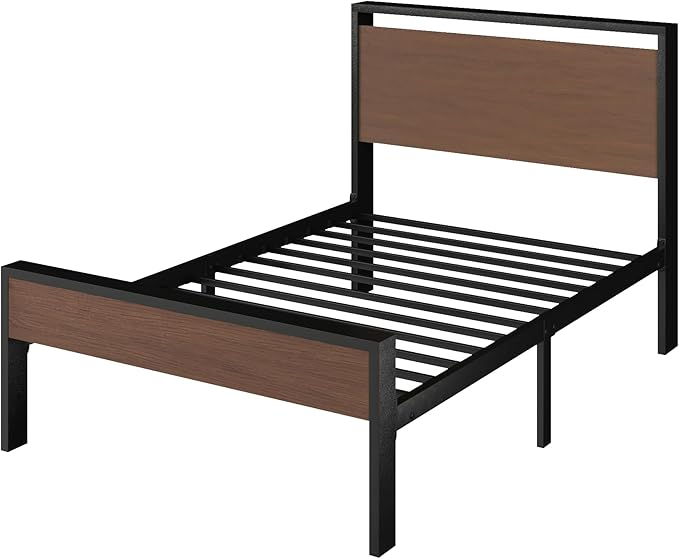 SHA CERLIN 14 Inch Twin Size Metal Platform Bed Frame with Wooden Headboard and Footboard, Mattress Foundation, No Box Spring Needed, Large Under Bed Storage, Heavy Duty Slats Support, Walnut