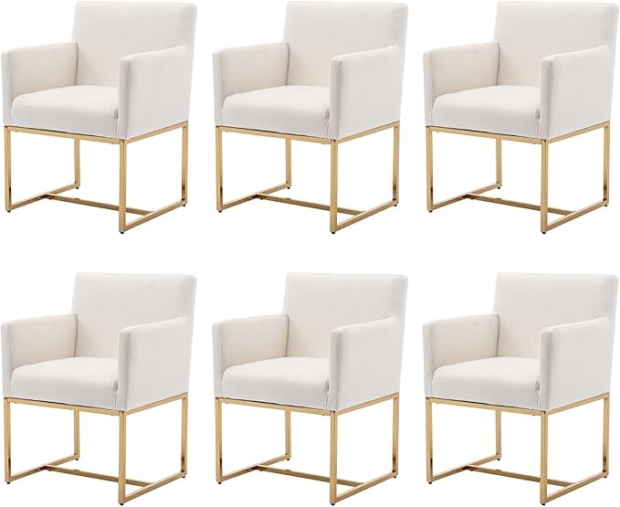 Upholstered Dining Chairs with Arms Set of 6 Mid Century Modern Accent Chairs Armchairs with Gold Metal Frame, Velvet Modern Kitchen & Dining Room Chairs, Cream