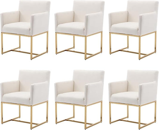 Upholstered Dining Chairs with Arms Set of 6 Mid Century Modern Accent Chairs Armchairs with Gold Metal Frame, Velvet Modern Kitchen & Dining Room Chairs, Cream