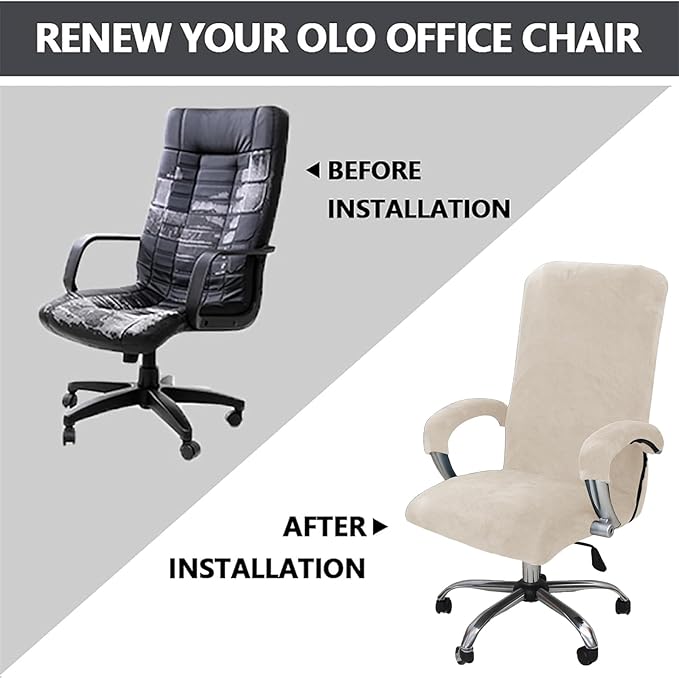 Velvet Plush Stretchable Office Desk Chair Cover Cat Proof with Wheels, Chair Seat Cover with Armrest Protector for Pets & Kids, Removable for Ergonomic Mesh Computer Rolling Chair, Beige, XL