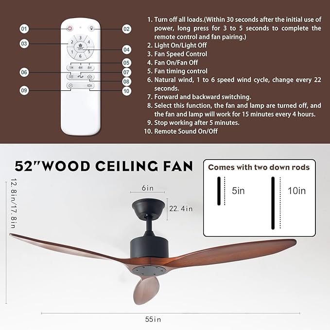 52 inch 3 blade Wood ceiling fan without light, Noiseless Reversible DC Motor Walnut Ceiling Fan Without Light for Farmhouse Patio Living Room Bedroom, Indoor Outdoor Ceiling Fan with Remote