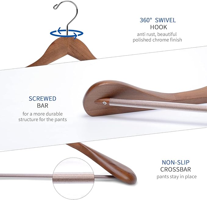 Nature Smile Luxury Wooden Suit Hangers 6 Pack Wood Coat Hangers Jacket Outerwear Shirt Hangers,with Extra-Wide Shoulder, 360 Degree Swivel Hooks & Anti-Slip Bar with Screw(Retro Color)