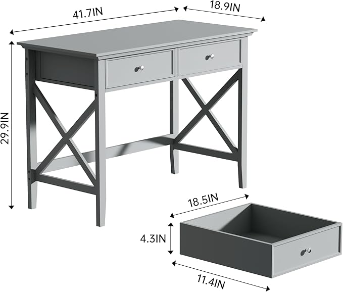 Computer Desk with 2 Drawers, Elegant Home Office Writing Study Desk with Storage, Modern Simple Vanity Desk Console Table for Living Room, Grey