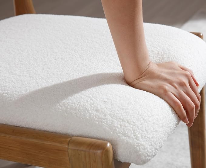 EALSON Farmhouse Rattan Dining Chairs Set of 2 Modern Mid Century Wood Dining Room Chairs with Cane Back Upholstered Sherpa Boucle Kitchen Side Chairs for Living Dining Room,Cream