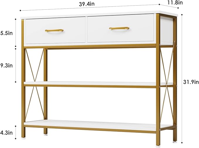HITHOS Industrial Console Table with Drawers, Vintage Hallway Foyer Table with Storage Shelves, Narrow Long Sofa Entryway Table for Living Room, White/Gold