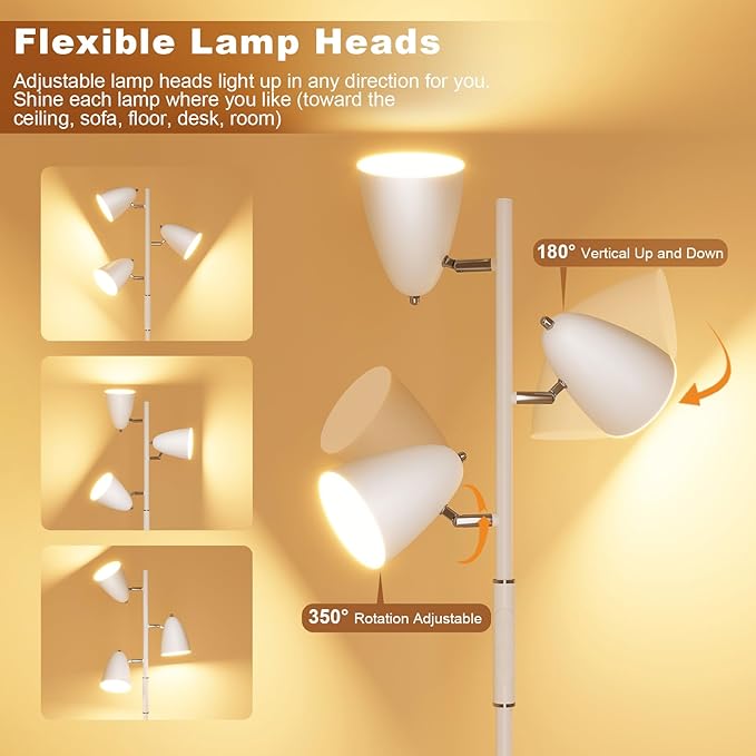 QiMH LED Floor Lamp for Living Room, Modern Dimmable Standing Lamp with 4 Color Temperature,Remote and Touch Control, Tree Floor Lamp for Bedroom with 3 Rotatable Lights Bright Stand up Lamp, White