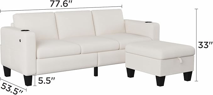 Youmumeub Couches for Living Room-Convertible Sectional Sofa, L-Shape Linen Fabric Sofa Couch with Storage Ottoman, Suit 3-Seats Sofa for Small Living Room and Apartment-Beige(USB+2 Cup Holder)