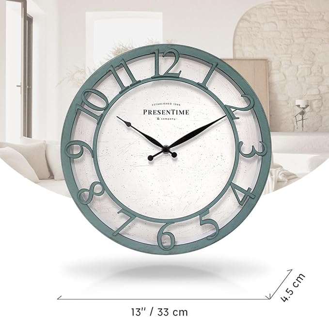 Presentime & Co 13" Farmhouse Series Wall Clock, Shiplap Style, Silent No Ticking, Coastal Clock, Raised 3D Arabic Numeral, Aged Teal Finish