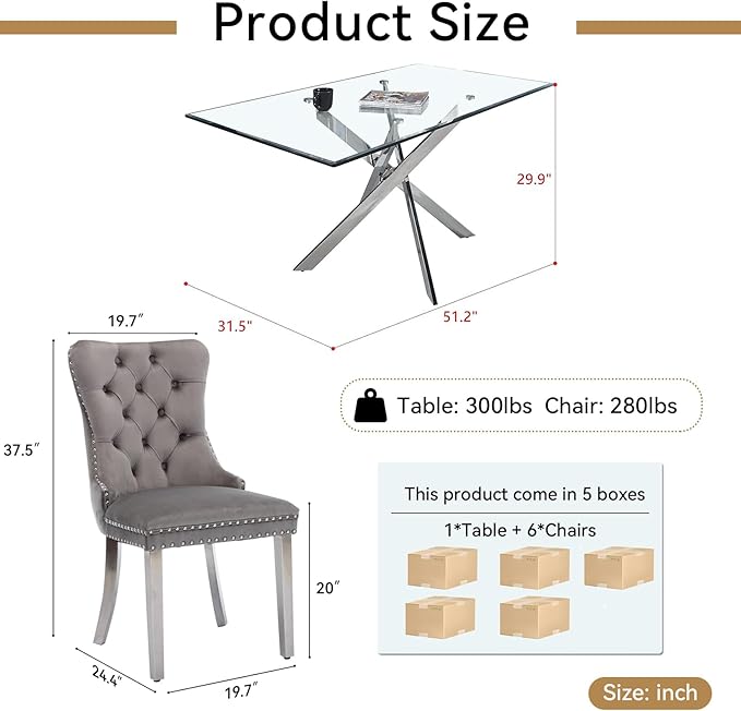 Goujxcy 51" Glass Dining Table Set for 6, Modern Kitchen Table and Chairs Set w/Steel Legs, 7-Piece Dining Table Set w/Glass Silver Dining Table and 6 Grey Velvet Chairs for Kitchen Dining Room