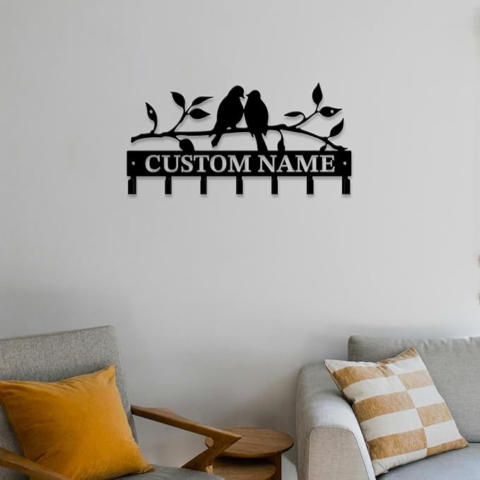 Personalized Custom Name Birds of Trees Wall Key Hooks,Metal Birds of Trees Art Clothes Hooks,Metal Birds of Trees Wall Home Storage Decorative,For Front Door, Hallway, Kitchen, Bedroom (Style D)