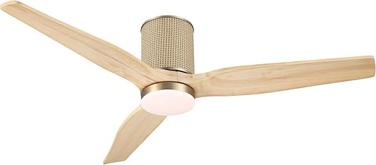 52" Ceiling Fan with Light - Low Profile Flush Mount Ceiling Fan, 6-Speed Remote Control, Solid Wood, Quiet Reversible DC Motor, Boho Style, for Bedroom, Living Room, Porch, Light Oak/Gold