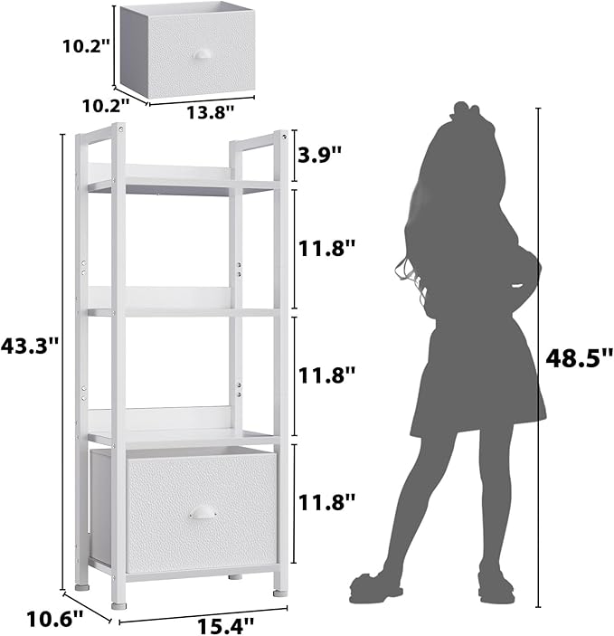 Furologee White 4 Tier Bookshelf with Drawer, Small Narrow Bookcase with Shelves, Modern Free Standing Shelf Unit, Wood and Metal Display Storage Shelves Organizer for Bedroom, Living Room, Entryway