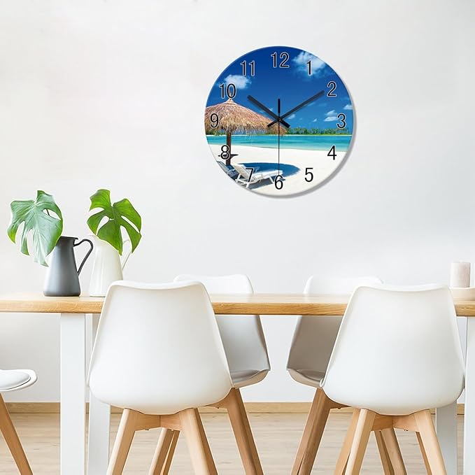 XFM Blue Beach Wall Clock 14 Inch Silent Ocean Wall Clocks Battery Operated Tropical Summer Coastal Clock for Bedroom Living Room Office