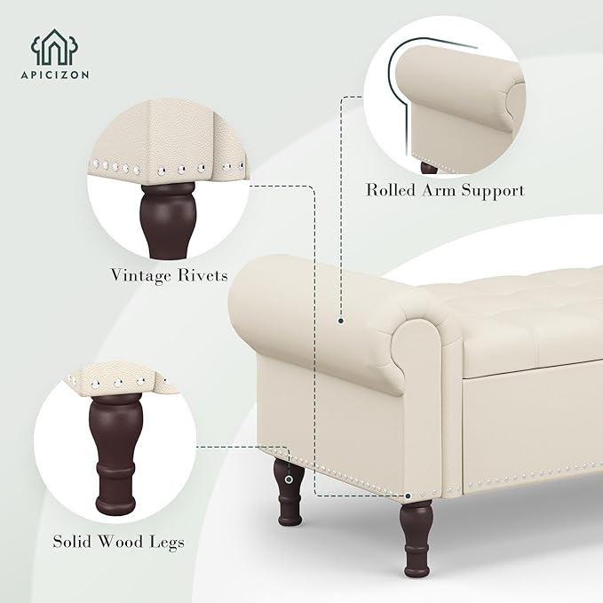 Apicizon 51” Bench with Storage, Faux Leather Ottoman Bench with Rolled Arm & Vintage Rivets, End of Bed Bench for Bedroom, Living Room, Entryway, Beige+Brown Legs