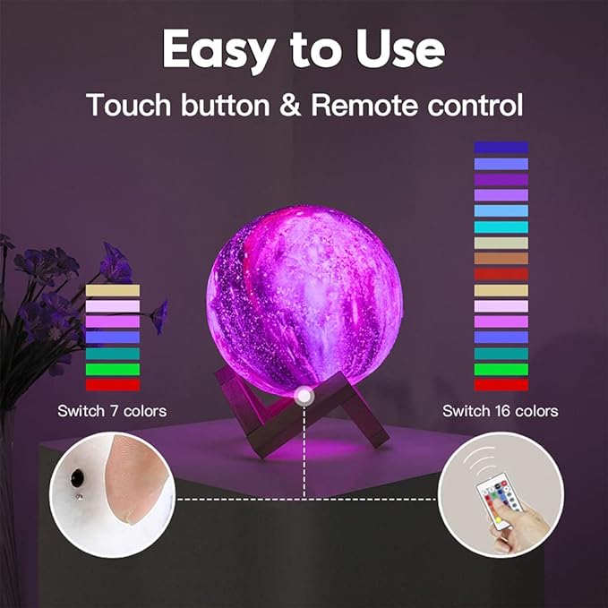 BRIGHTWORLD Moon Lamp Galaxy Lamp 5.9 inch 16 Colors LED 3D Moon Light, Remote & Touch Control Moon Night Light Christmas Gifts for Girls Boys Kids Women Birthday（Wooden Base）