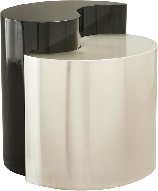 Modern Contemporary Luxury Ying-Yang 20" Height End Table Set, Sculptural Design with Aluminum Frame for Living Room, Entryway, Home & Office, Black & Silver Dual Tone End Table