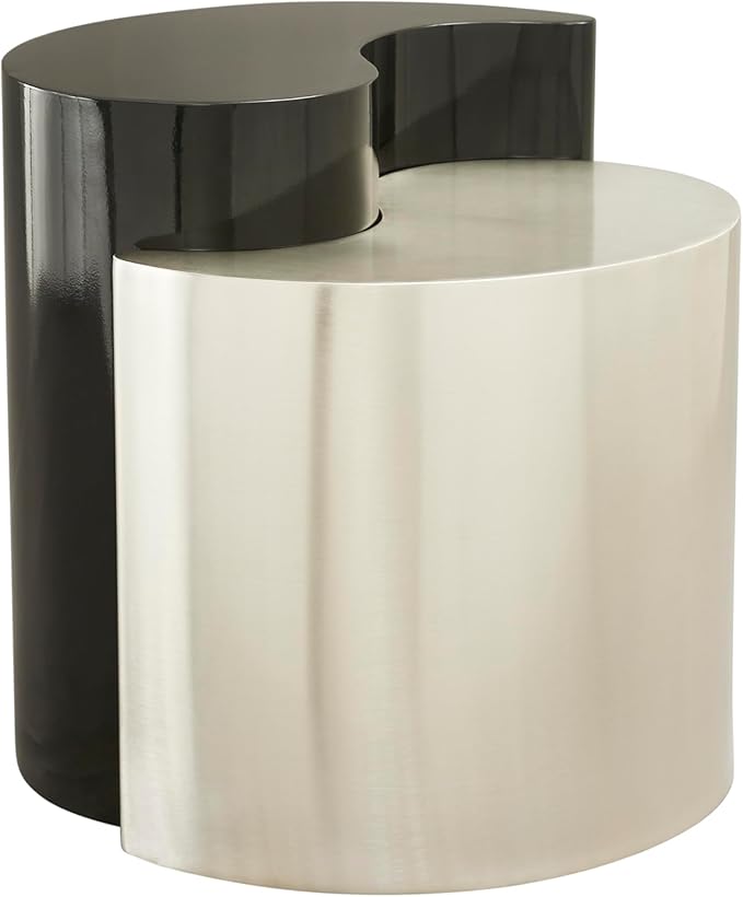 Modern Contemporary Luxury Ying-Yang 20" Height End Table Set, Sculptural Design with Aluminum Frame for Living Room, Entryway, Home & Office, Black & Silver Dual Tone End Table