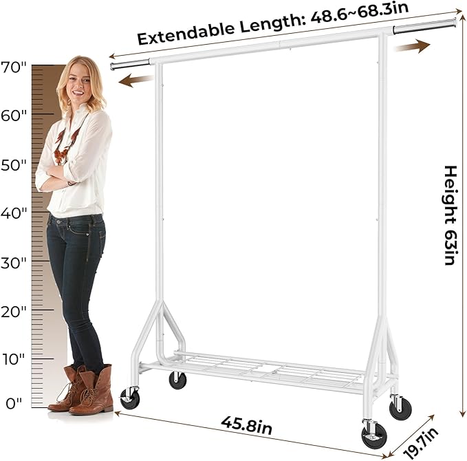 Heavy Duty Clothes Rack Load 450 LBS, Metal Garment Rack, Standing Rolling Clothing Rack for Hanging Clothes with Sturdy Wheels & Shelves, Portable Closet Wardrobe Rack,White