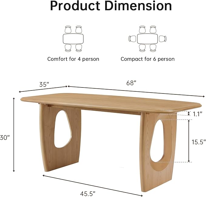 Morden Fort Modern Dining Table for 4-6 People,68'' Rectangle Dining Table, Kitchen Table with Pedestal Base, Dinner Table for Dining Room, Kitchen, Living Room (Natural)