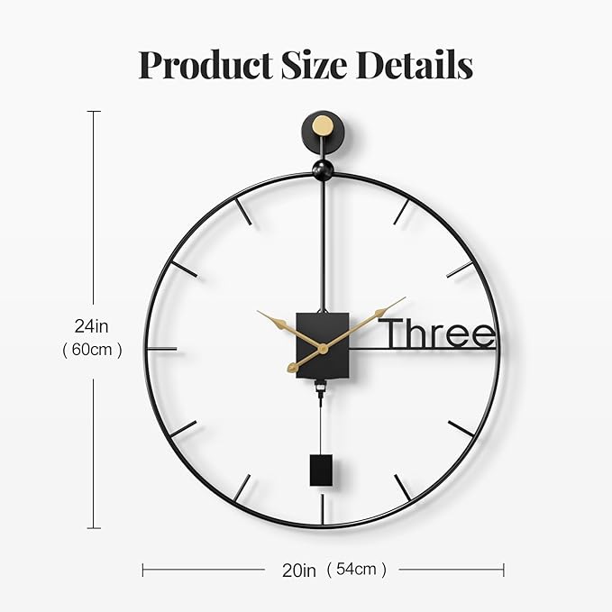 Cuspin Modern Large Wall Clock 24 inch with Pendulum, Battery Operated Silent Non-Ticking Metal Wall Clock for Living Room Decor, Decorative Hanging Clock for Bedroom, Office, Kitchen, Home