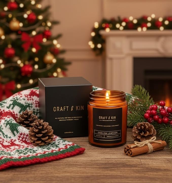 Craft & Kin Christmas Scented Candle for Men | Premium English Leather Holiday Candle | All-Natural Scent for Home | Long Lasting Winter Candles, 45-Hour Burn Time, 8oz