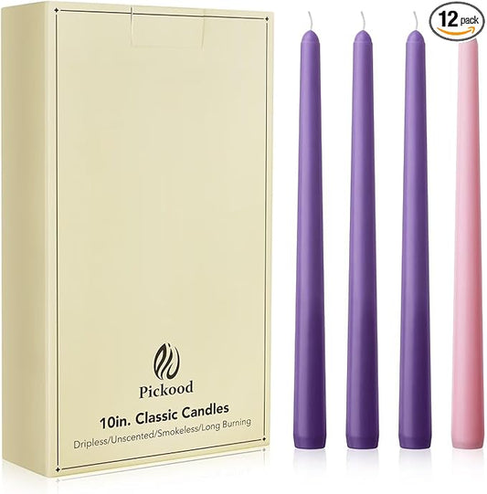 10-Inch Tall Dripless Advent Candles Set of 12, Tapered Candles, Perfect for Christmas - Smokeless, Unscented, Long Burning - Hand Poured, Colored Tall Candlesticks - Pink and Purple