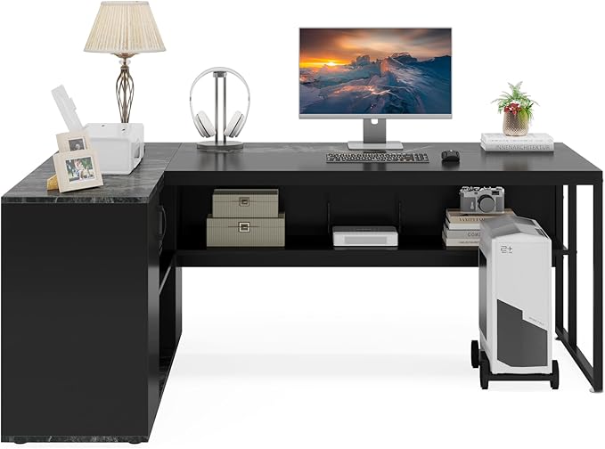 Little Tree 71-inch Executive Desk with File Cabinet, L-Shaped Computer Desk Office Desk with Drawers and Storage Shelves, Business Furniture Desk Workstation for Home Office, Balck