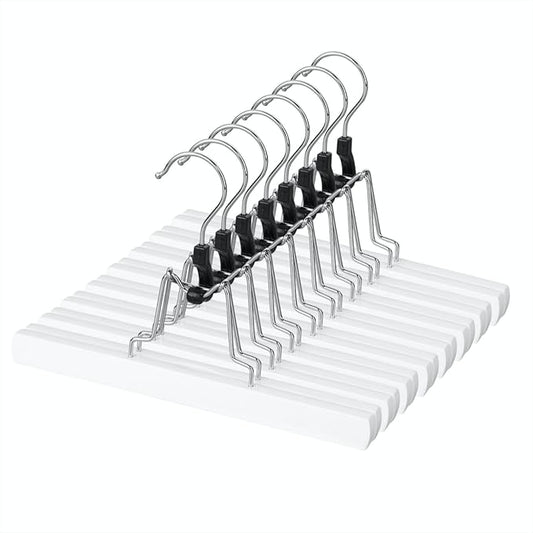 AMKUFO 12 Pack White Wooden Pants Hangers with Clips Non Slip Skirt Hangers Trouser Clamp Hanger Solid Wood Hanger with 360° Swivel Hook