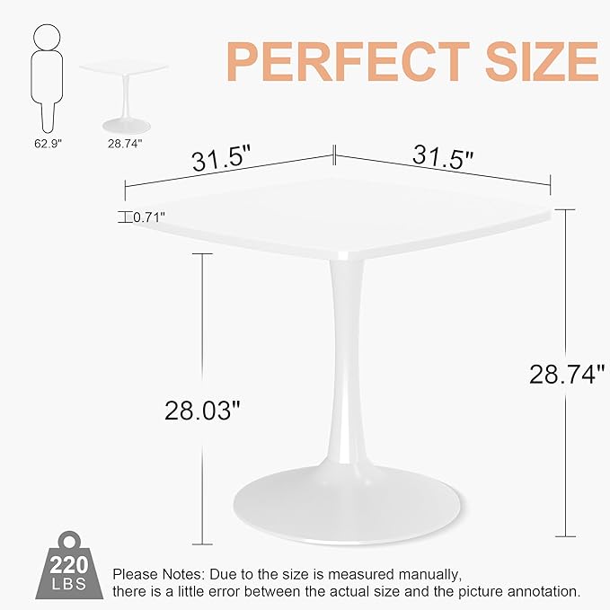 Recaceik Square Dining Table for 2-4 Person, 32 Inches Tulip Kitchen Table with Pedestal Base for Kitchen & Dining Room Table, Mid-Century Modern in Tulip Tables w/0.71" Thickened Desktop, White