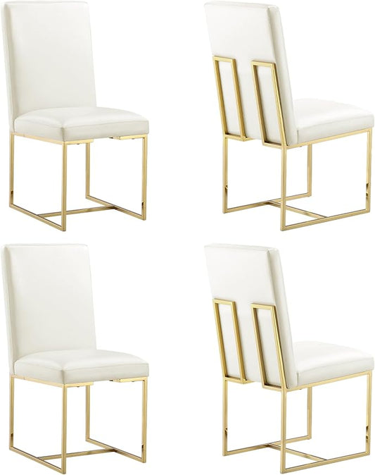 AUZ Dining Chairs Set of 4, White Faux Leather Mid Century Modern Chairs with Gold Stainless Steel Sled Legs
