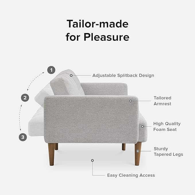 mopio Aaron 76.8" Couch, Small Futon Sofa Bed, Sleeper, Loveseat, Mid Century Modern Futon Couch, Sofa Cama, Couches for Living Room, Bedroom (Light Gray, Fabric)