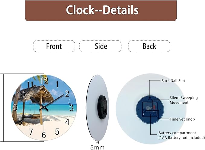 XFM Beach Wall Clock 14 Inch Blue Glass Wall Clocks Battery Operated Silent Non Ticking Hawaii Summer Tropical Coastal Clock for Bedroom Living Room Office