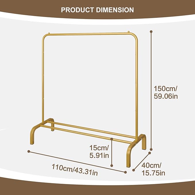 JIUYOTREE Metal 43.3 Inches Garment Rack with Bottom Shelf Clothing Rack for Hanging Clothes Coats Skirts Shirts Sweaters Gold