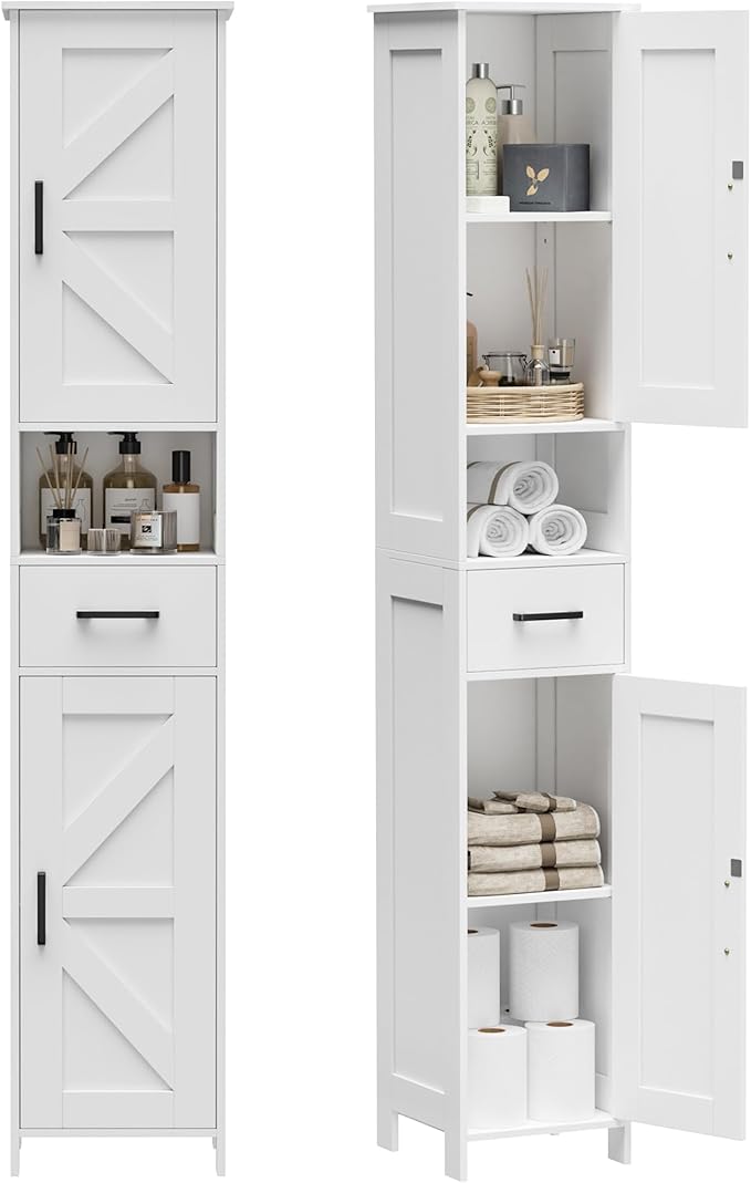 Homhedy 67" H Tall Bathroom Storage Cabinet with 2 Barn Doors and 1 Drawer, Narrow Storage Unit, Adjustable Shelves, Floor Cabinet for Bathroom, Living Room, Entryway, Kitchen, White, (11.8" W)