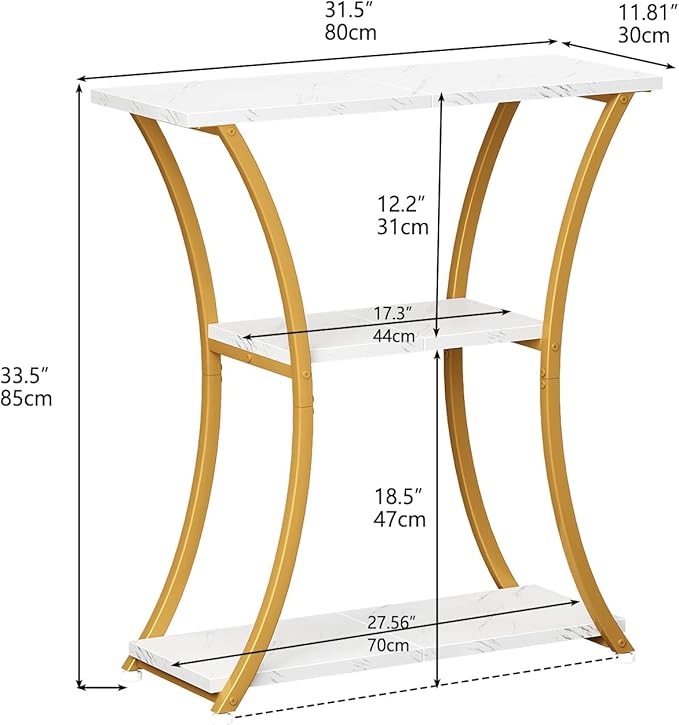 Rustic 3-Tier Console Table with Open Shelves Narrow Entryway Table with Curved Metal Frame Slim Sofa Table for Hallway Living Room or Foyer (Gold White Marbled)