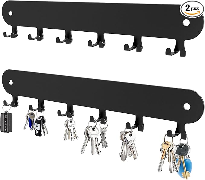 2 Pack Key Holder for Wall,Key Hooks,Key Holder Wall Mount Self Adhesive, Key Rack Wall Mount for Wall No Drill for Living Room, Kitchen, Bathroom, Garage (Black, 12 Hooks)
