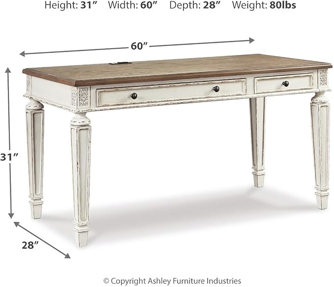 Signature Design by Ashley Realyn Farmhouse 60" Home Office Desk with USB Charging, Chipped White