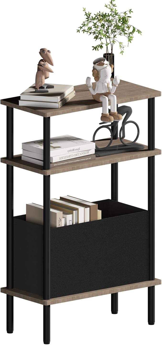 Narrow Side Table with Fabric Basket, End Table for Small Spaces, Slim Nightstand with 3-Tier Storage Shelf, Sofa Beside Table, for Living Room, Bed Room, Natrual Walnut