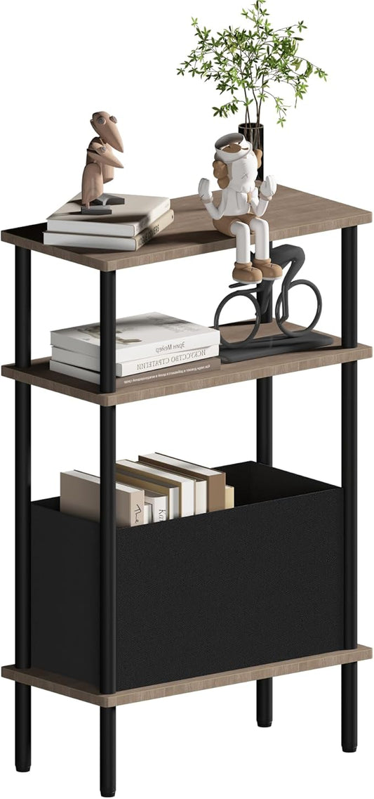 Narrow Side Table with Fabric Basket, End Table for Small Spaces, Slim Nightstand with 3-Tier Storage Shelf, Sofa Beside Table, for Living Room, Bed Room, Natrual Walnut