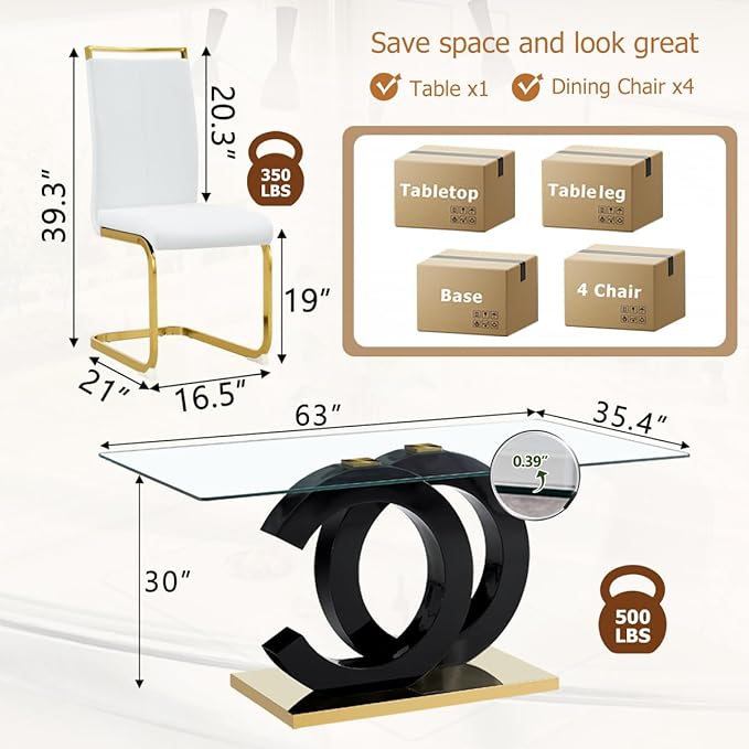 63'' Glass Dining Table Set for 4, Kitchen Table Chairs Set of 4, Clear Glass Dining Table with Black unique design Leg and Gold Metal Base, 4 PU Dining Chairs with Metal Legs, Living Room, Kitchen.