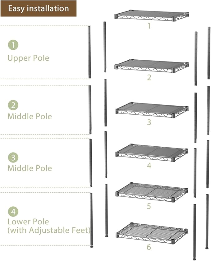 6 Tier Shelf Adjustable Storage Mesh Gaps Metal Utility Shelves Wire Shelving Unit Organizer Rack for Home Kitchen Office Bathroom Pantry Room10 D x 16" W x 60" H Black